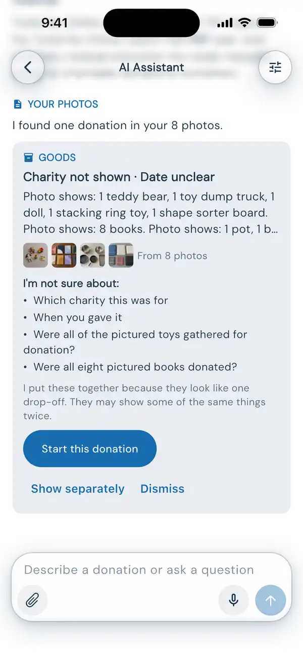 DeductAble reads eight photos at once and reports one donation, listing what each photo showed, what it is unsure about, and a Start this donation button