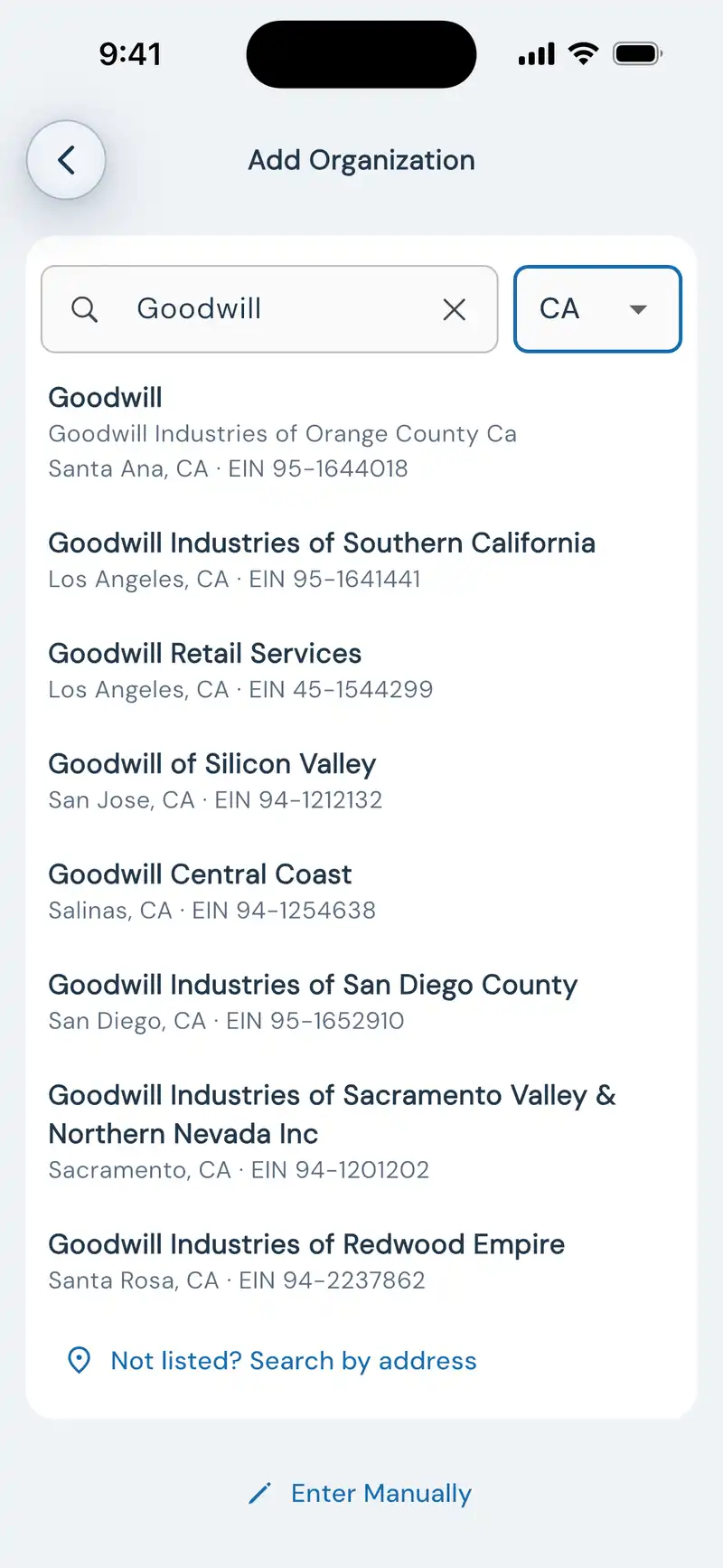 Searching Goodwill in DeductAble returns eight separate California Goodwill affiliates, each with its own EIN, so the right one can be picked