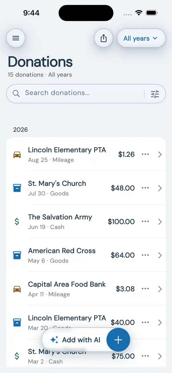 DeductAble iPhone home screen with 2026 donations to Lincoln Elementary PTA, St. Mary's Church, The Salvation Army, and American Red Cross grouped by year