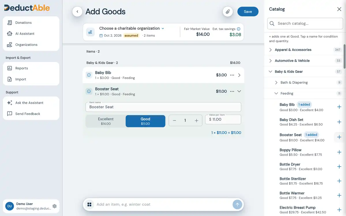 The DeductAble catalog open beside the goods form with Adult Clothing expanded, every row showing its Good and Excellent value and a plus button to add it