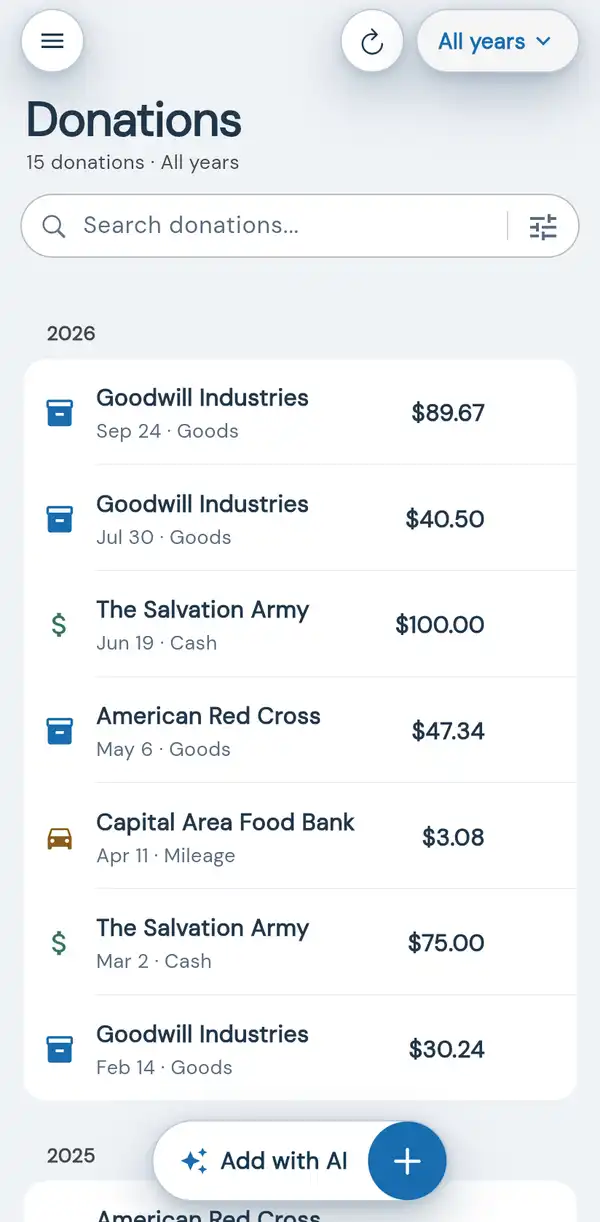DeductAble open in a browser on an Android phone, showing the drawer menu, donations grouped by year, and the Add with AI pill, the same layout as the iPhone app