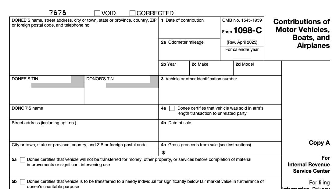 Image of Form 1098-C Contributions of Motor Vehicles, Boats, and Airplanes