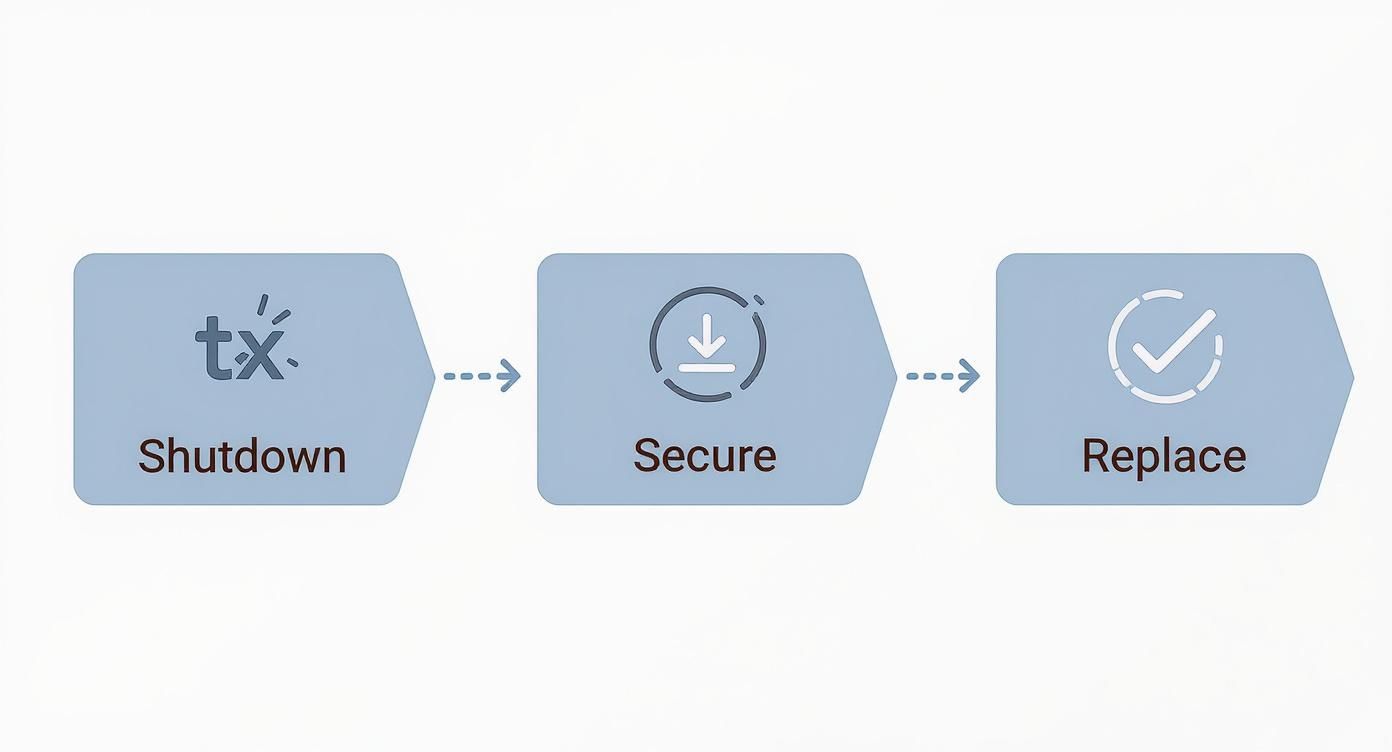 Infographic illustrating the three-step process of ItsDeductible shutdown, securing data, and replacing the system.