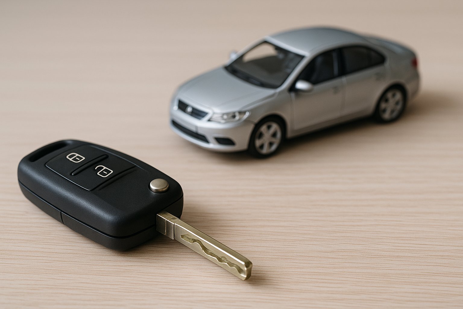 A close-up of a car key and a small model car on the desk