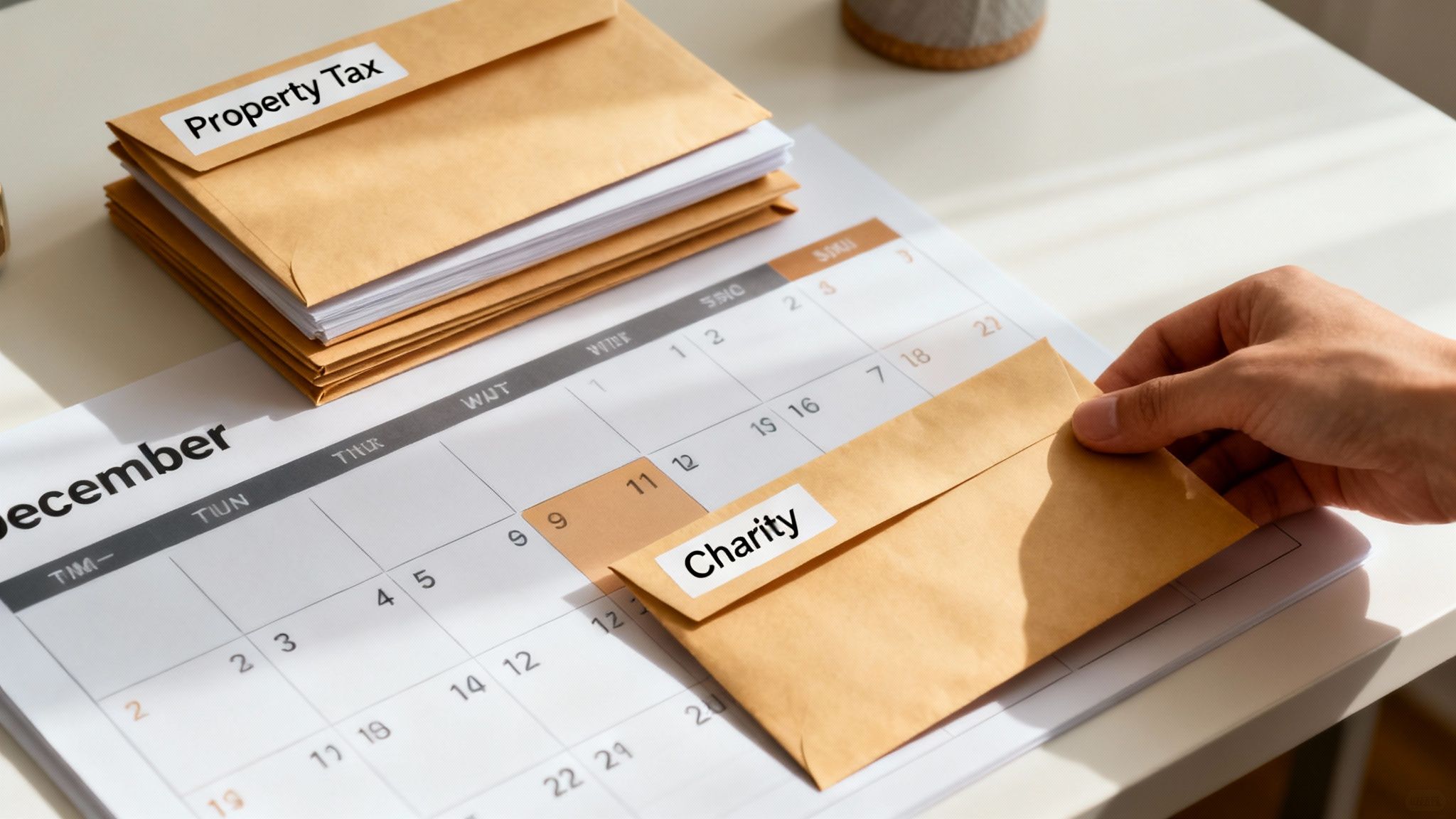 A calendar with a magnifying glass over December, symbolizing strategic tax planning.