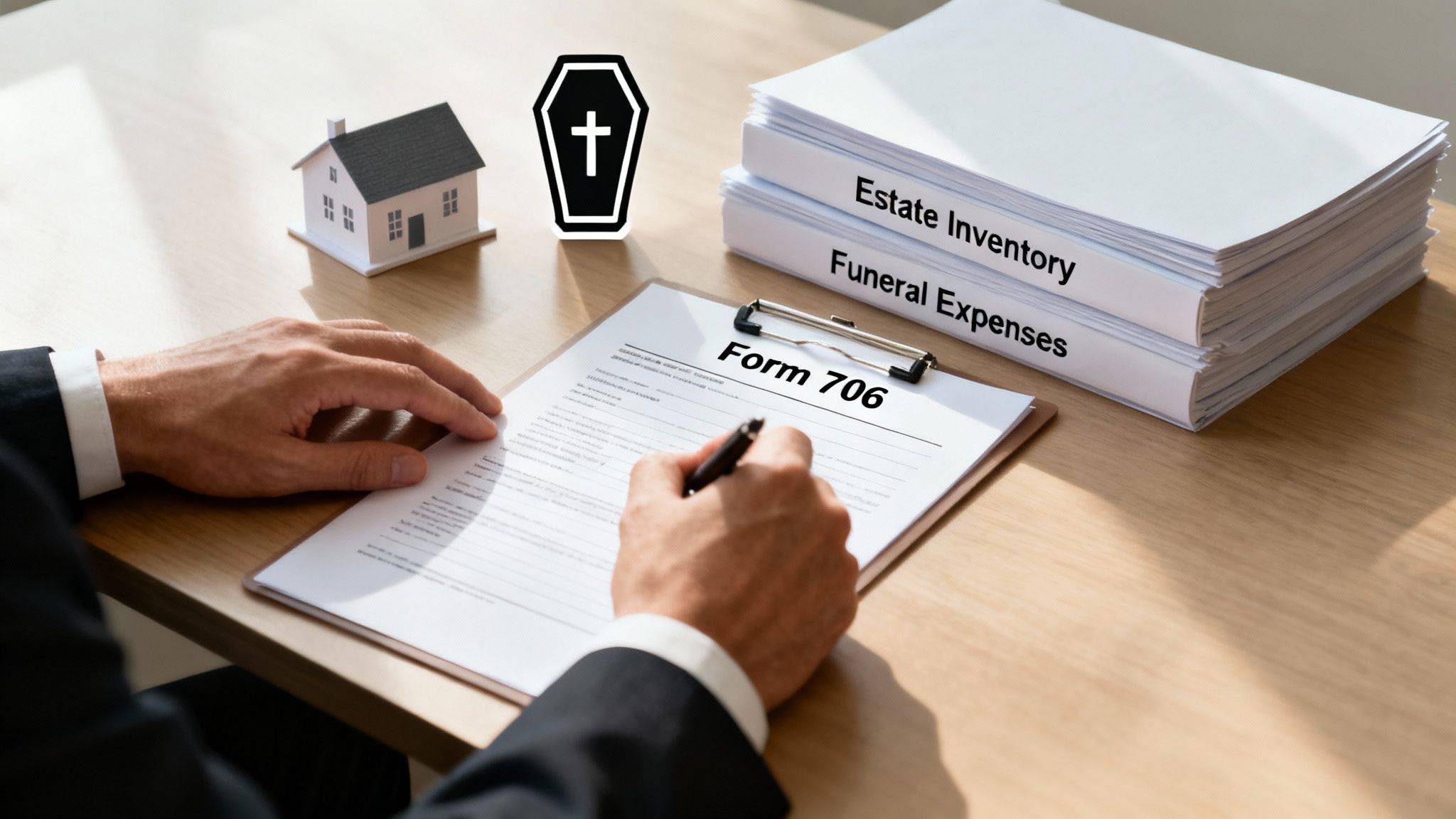 A person filling out Form 706 for estate and funeral expenses, with a house model and coffin icon.