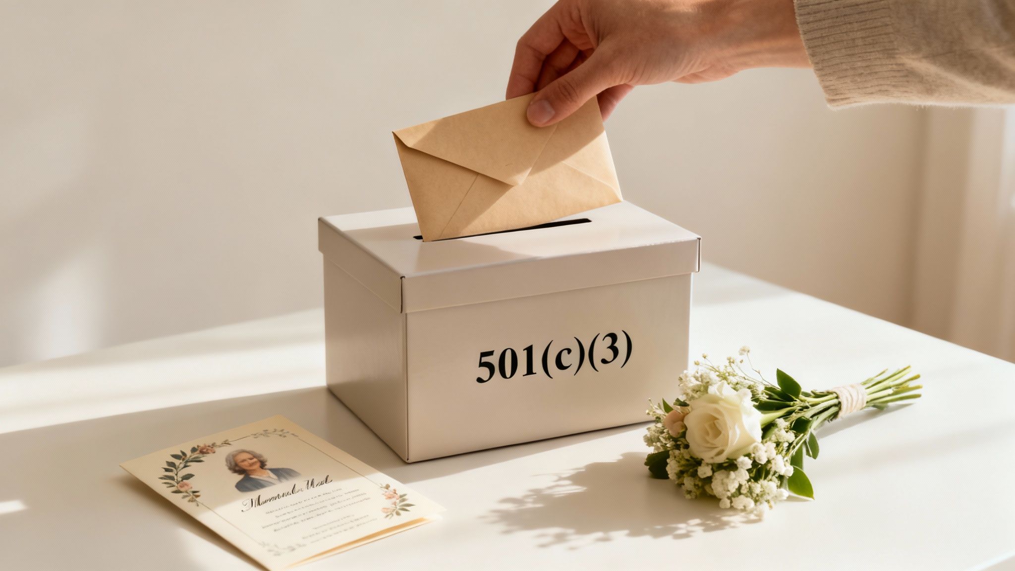 A hand places an envelope into a 501(c)(3) donation box, with a memorial card and flowers nearby.