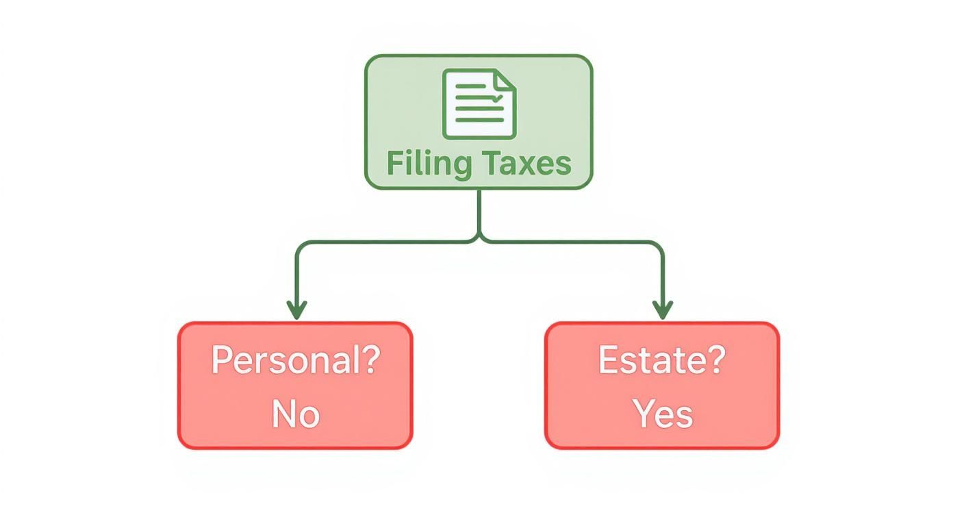 A flowchart showing 'Filing Taxes' branching to 'Personal? No' and 'Estate? Yes' options.