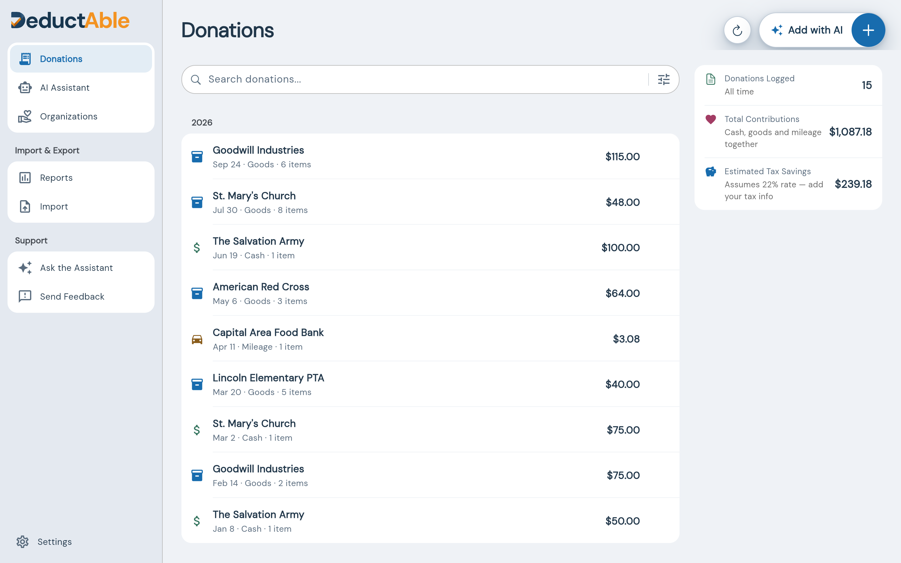 DeductAble 3.0 desktop web app with a grouped sidebar, a 2026 donation list, and a totals column showing total contributions and estimated tax savings