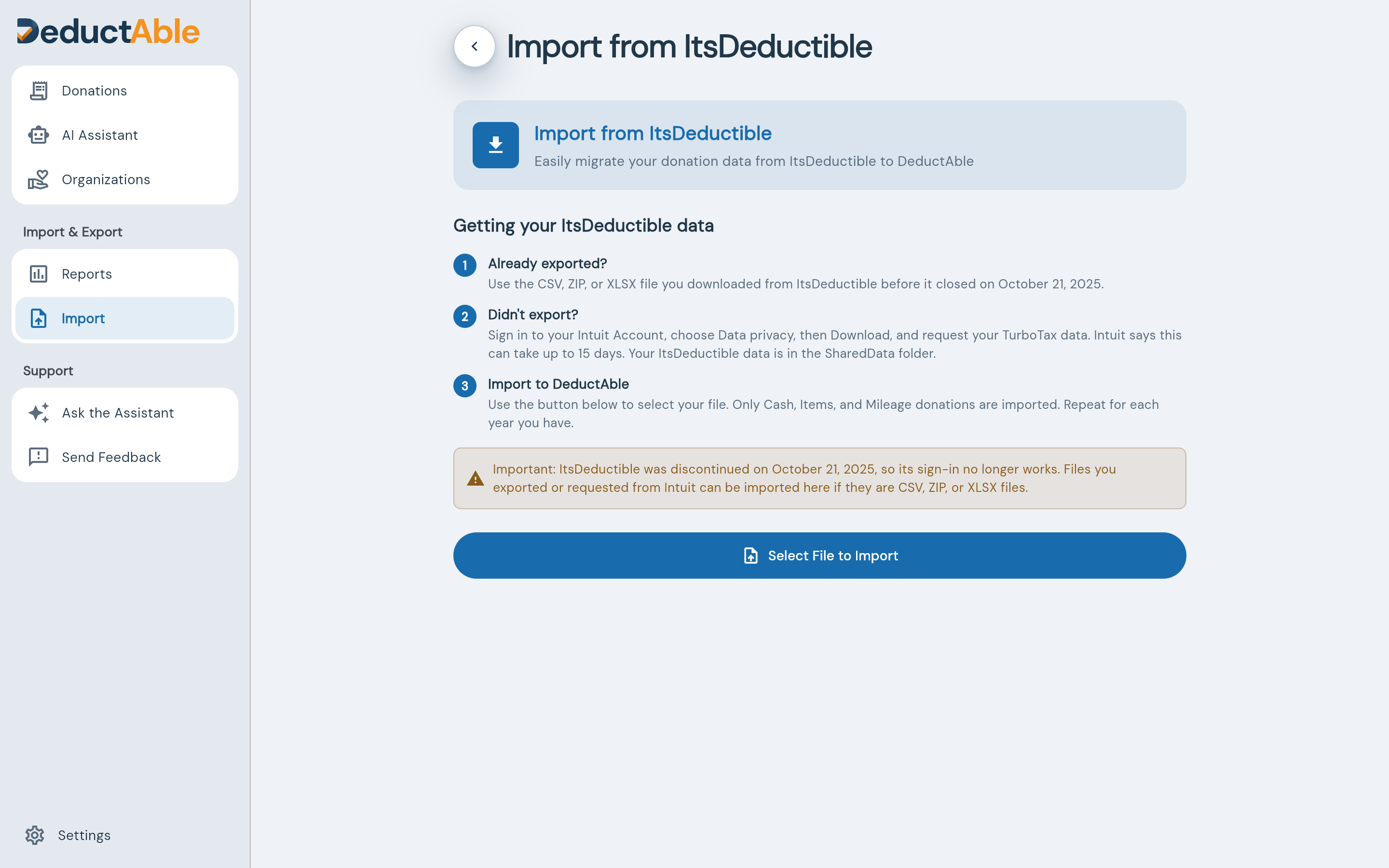 DeductAble Import from ItsDeductible page with steps for importing CSV, ZIP, or XLSX files exported from ItsDeductible
